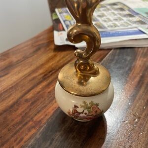 Porcelain Powder Jar with Gilded Metal Lid and Handle - Cream and Gold